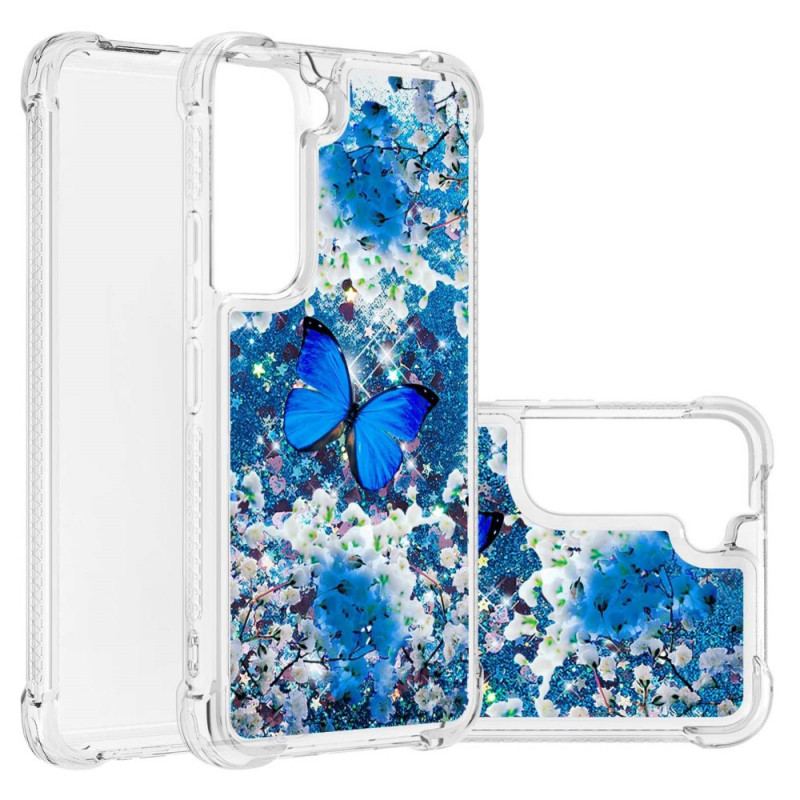 Coque Samsung Galaxy S22 5G Papillons Bleus Paillettes