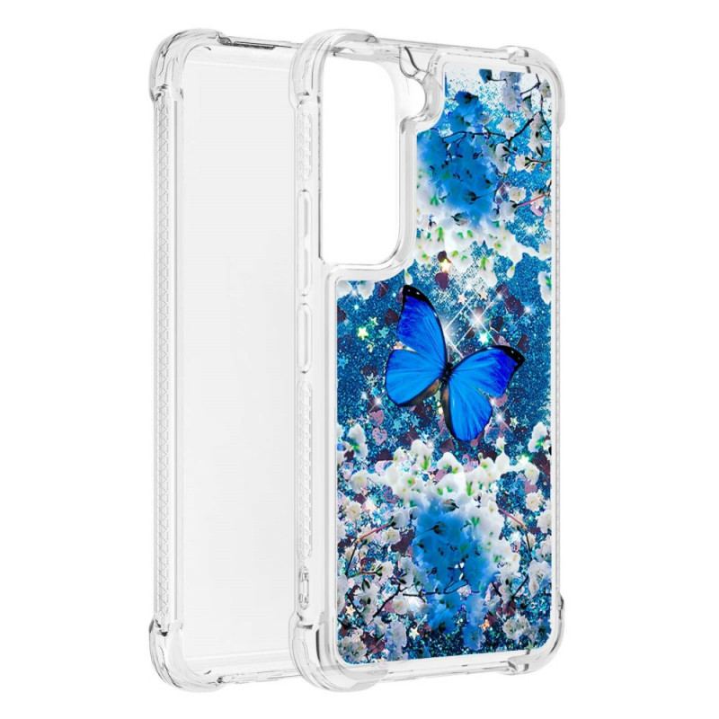 Coque Samsung Galaxy S22 5G Papillons Bleus Paillettes