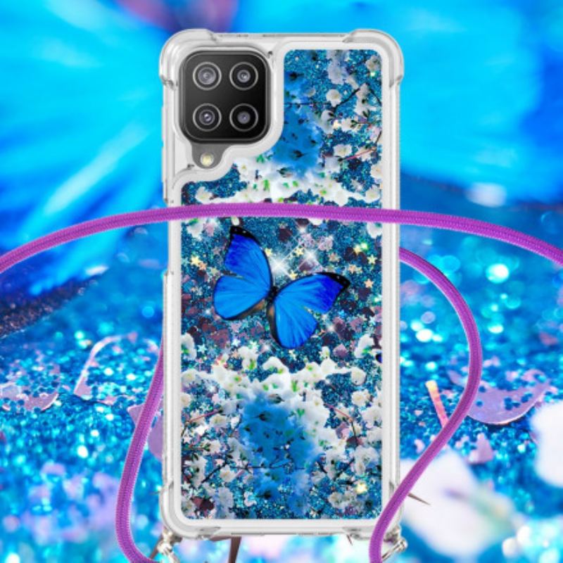 Coque Samsung Galaxy A22 4G à Cordon Paillettes Papillons