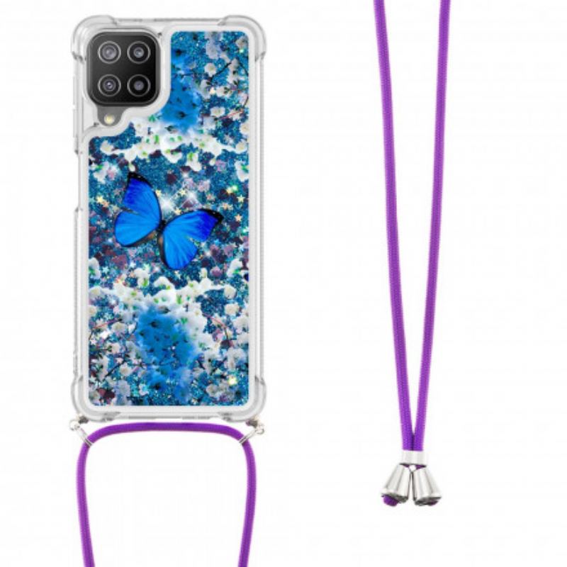 Coque Samsung Galaxy A22 4G à Cordon Paillettes Papillons