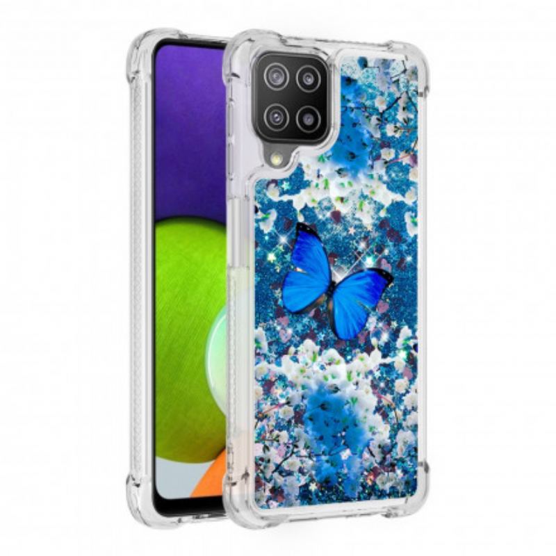 Coque Samsung Galaxy A22 4G Papillons Bleus Paillettes