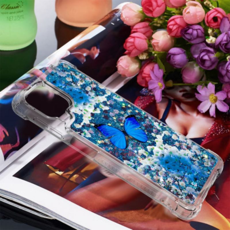 Coque Samsung Galaxy A22 4G Papillons Bleus Paillettes