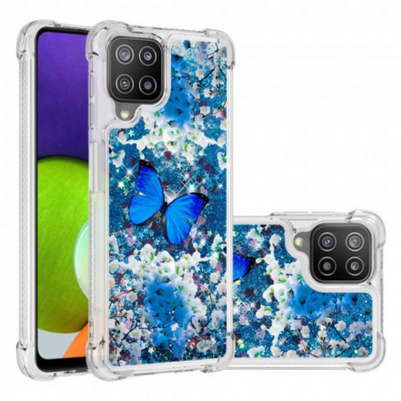 Coque Samsung Galaxy A22 4G Papillons Bleus Paillettes