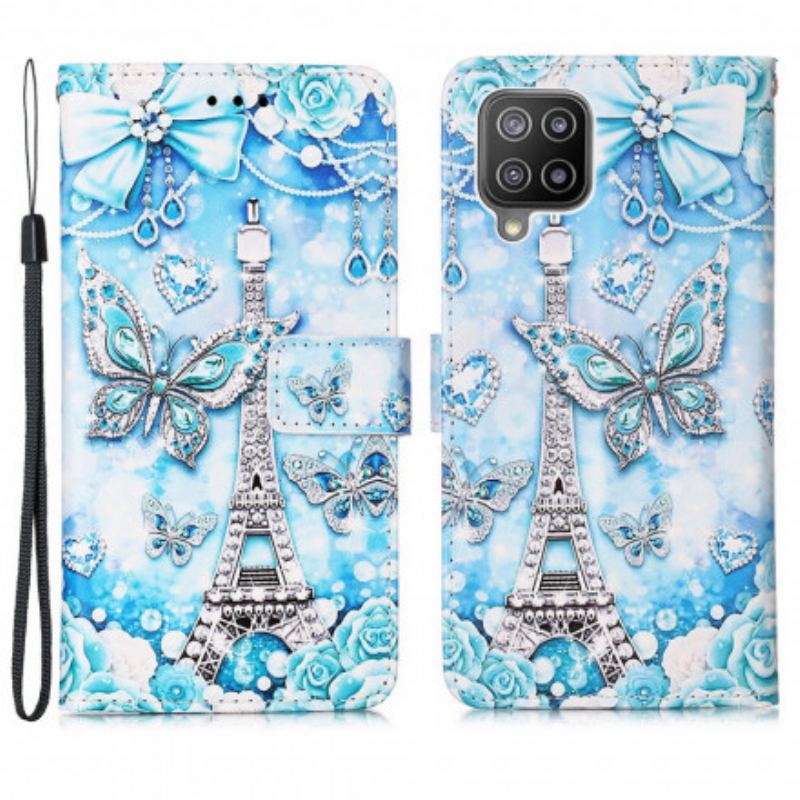 Housse Samsung Galaxy A22 4G Tour Eiffel Papillons à Lanière