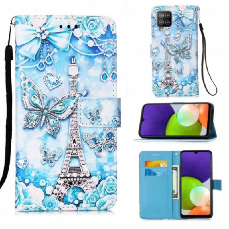 Housse Samsung Galaxy A22 4G Tour Eiffel Papillons à Lanière