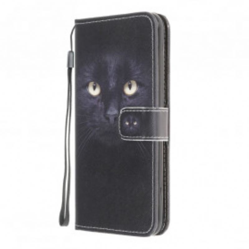 Housse Samsung Galaxy A22 4G Yeux de Chat Noir à Lanière