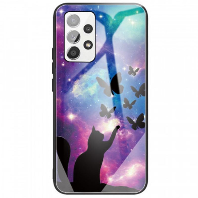 Coque Samsung Galaxy A53 5G Verre Trempé Chat et Papillons Dans l'Espace