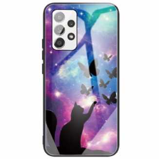 Coque Samsung Galaxy A53 5G Verre Trempé Chat et Papillons Dans l'Espace