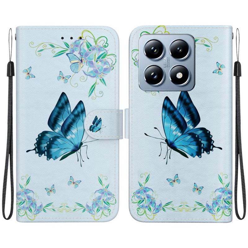 Housse Xiaomi 14T Pro Papillon Bleu et Fleurs à Lanière