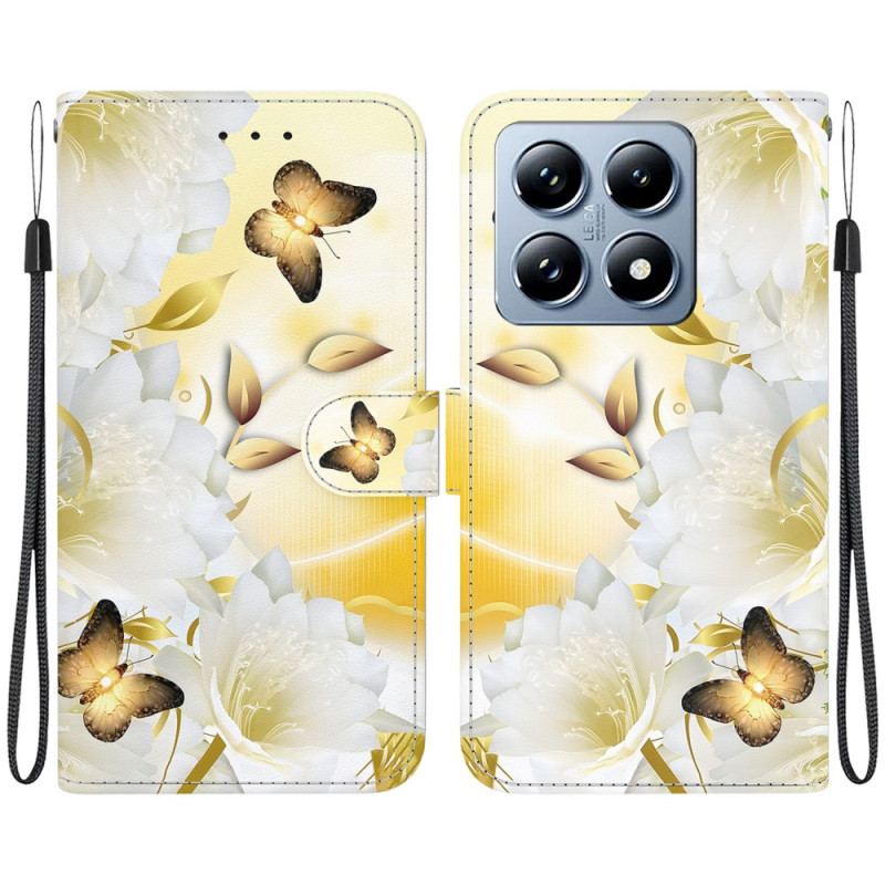 Housse Xiaomi 14T Pro Papillons Dorés et Fleurs Blanches