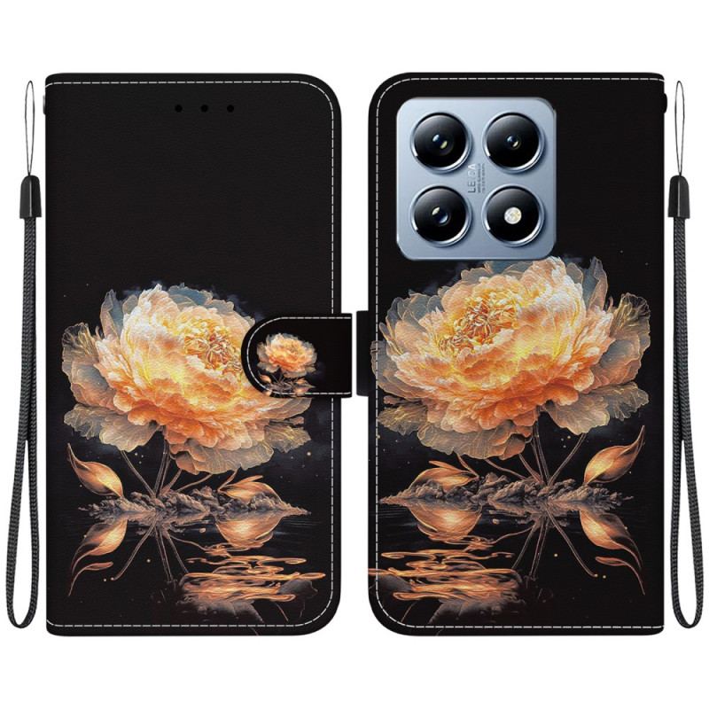 Housse Xiaomi 14T Pro Pivoine Dorée à Lanière