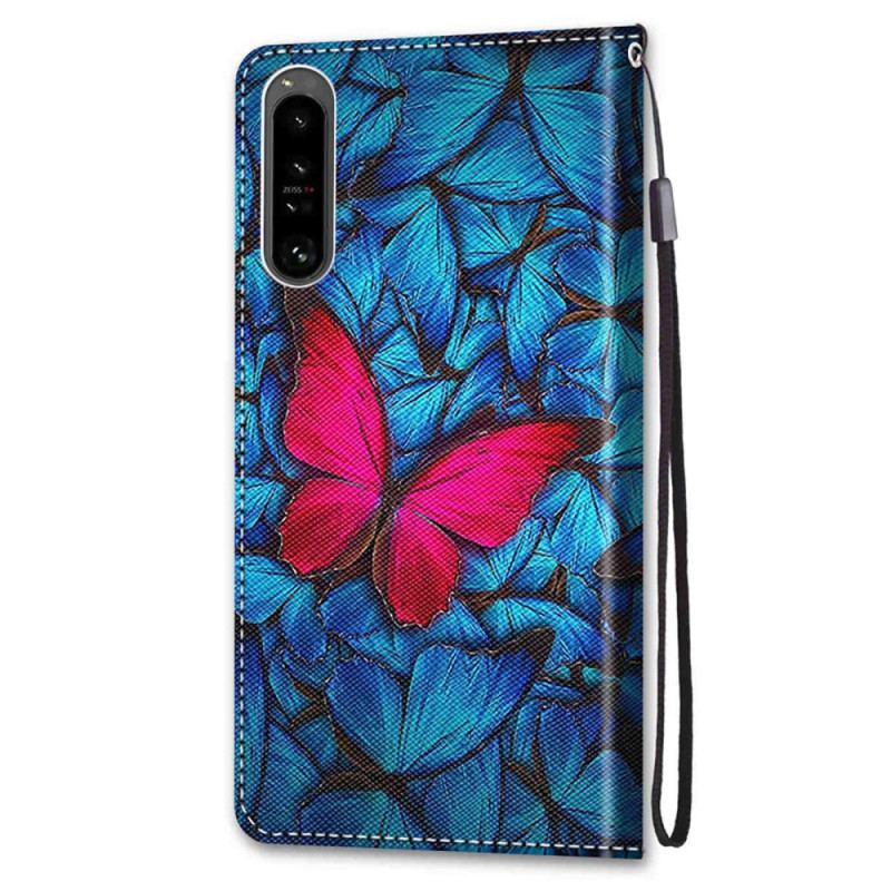 Housse Sony Xperia 1 IV Papillon Rouge Sur Fond Bleu