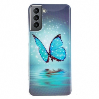 Coque Samsung Galaxy S21 FE Papillon Bleu Fluorescente