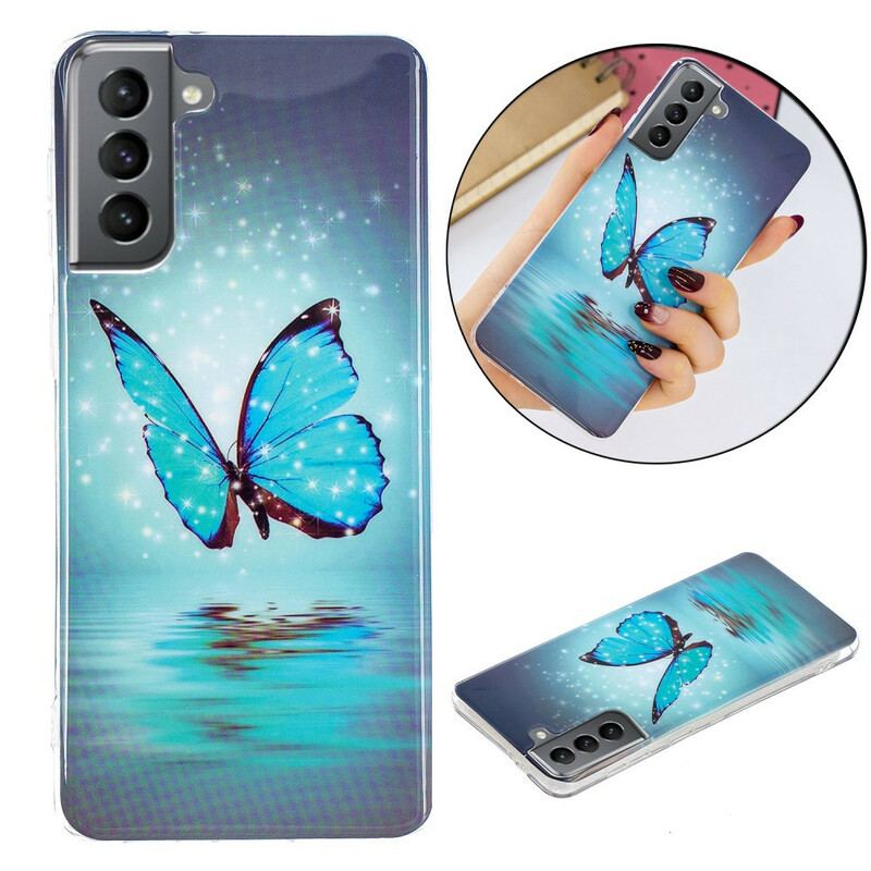 Coque Samsung Galaxy S21 FE Papillon Bleu Fluorescente