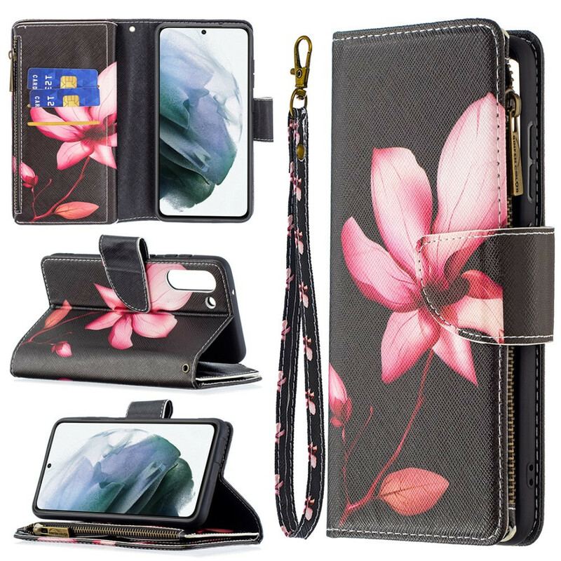 Housse Samsung Galaxy S21 FE Poche Zippée Fleur