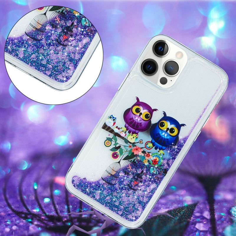 Coque iPhone 15 Pro Max Paillettes Couple de Hiboux