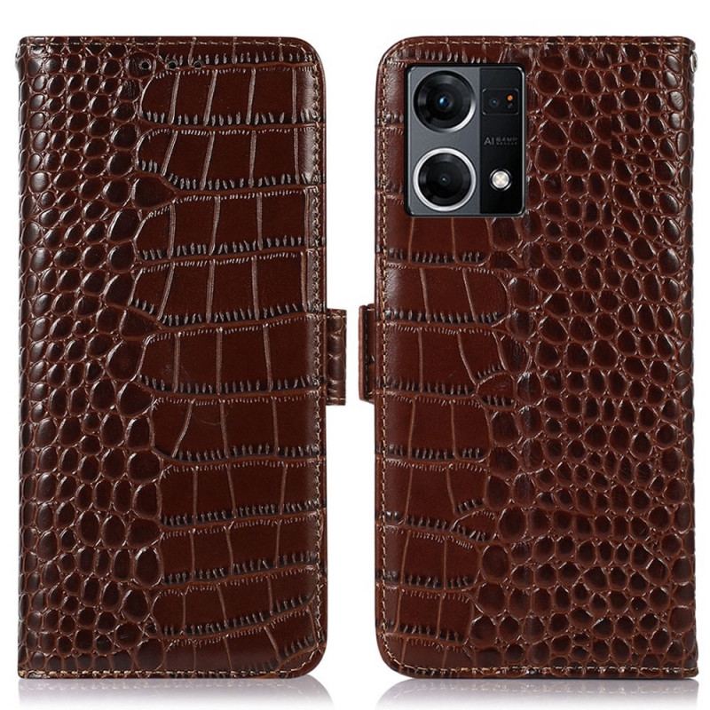 Housse Oppo Reno 7 Cuir Véritable Style Crocodile RFID