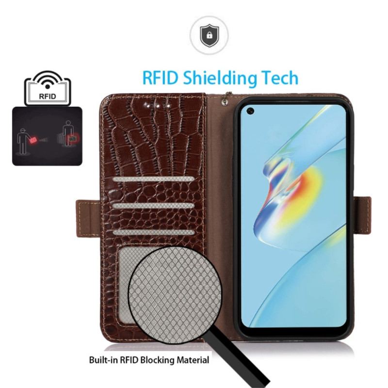 Housse Oppo Reno 7 Cuir Véritable Style Crocodile RFID