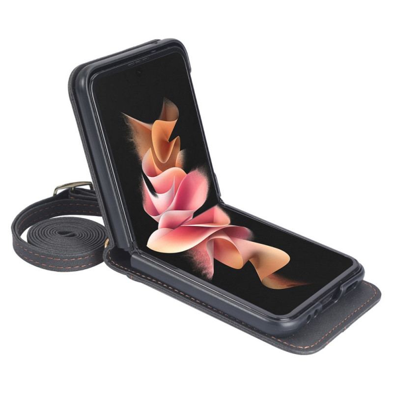 Coque Samsung Galaxy Z Flip 3 5G Style Cuir Porte-Cartes et Lanière