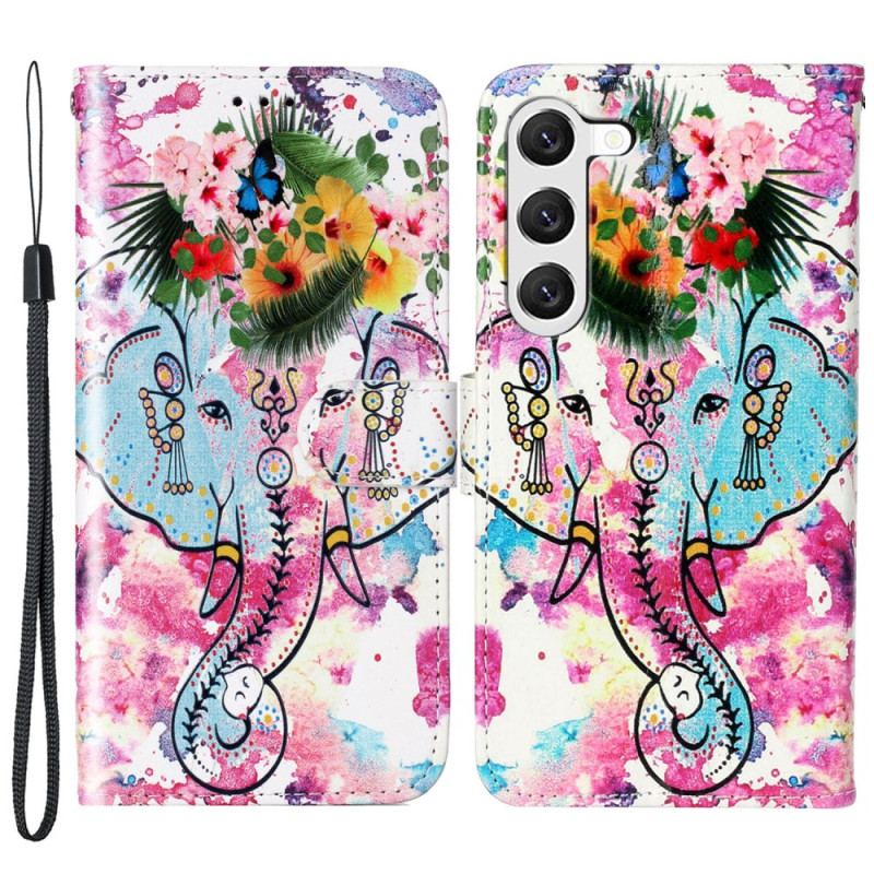 Housse Samsung Galaxy S24 5G Éléphant Fleuri à Lanière