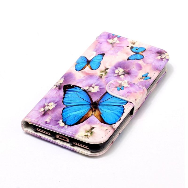 Housse Samsung Galaxy S24 5G Fleurs Violettes et Papillons à Lanière