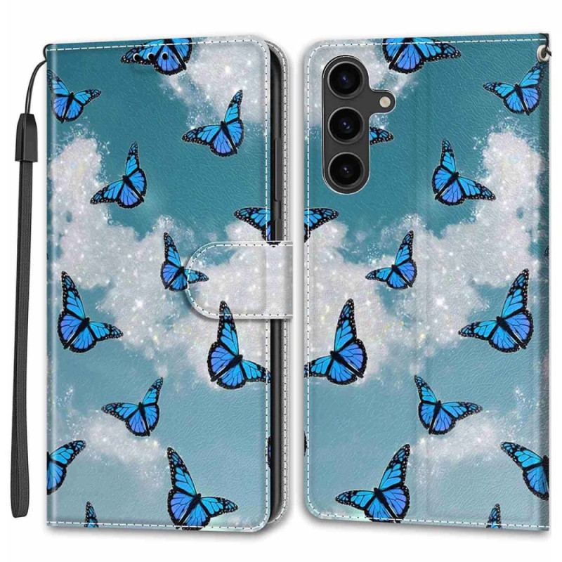 Housse Samsung Galaxy S24 5G Nuages Blancs et Papillons Bleus à Lanière