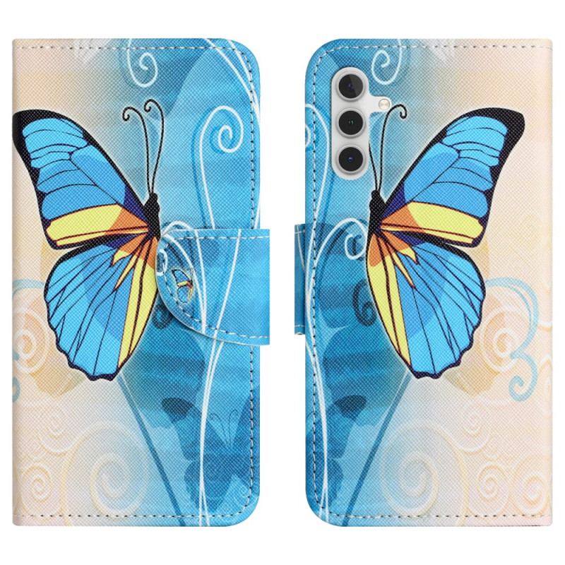 Housse Samsung Galaxy S24 5G Papillon Bleu et Jaune à Lanière