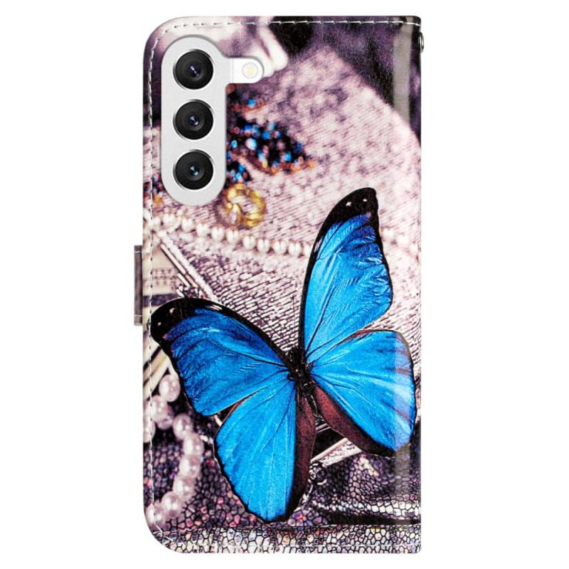 Housse Samsung Galaxy S24 5G Papillon Bleu à Lanière