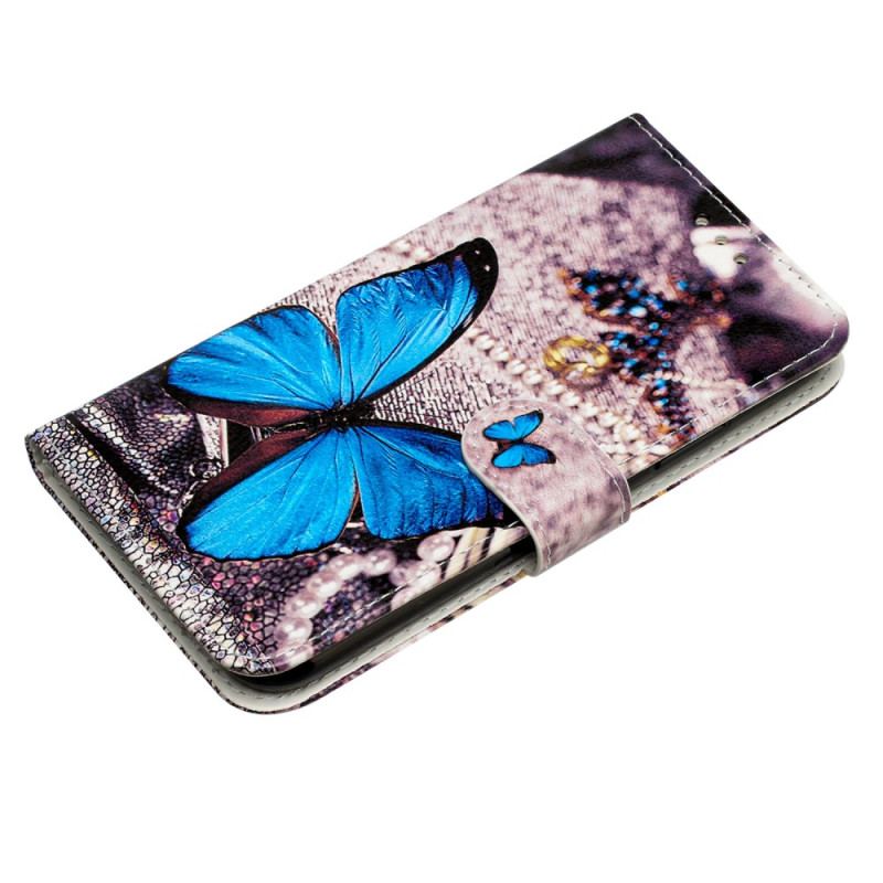 Housse Samsung Galaxy S24 5G Papillon Bleu à Lanière