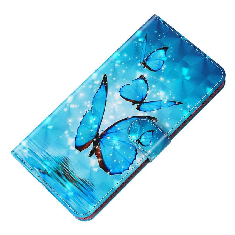 Housse Samsung Galaxy S24 5G Papillons Bleus à Lanière