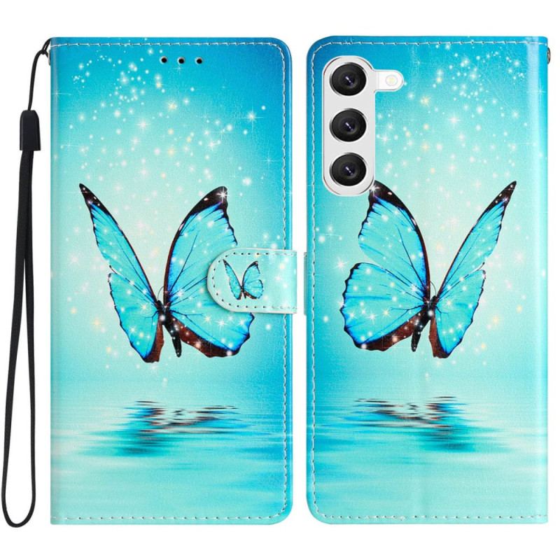 Housse Samsung Galaxy S24 5G Papillons Bleus à Lanière