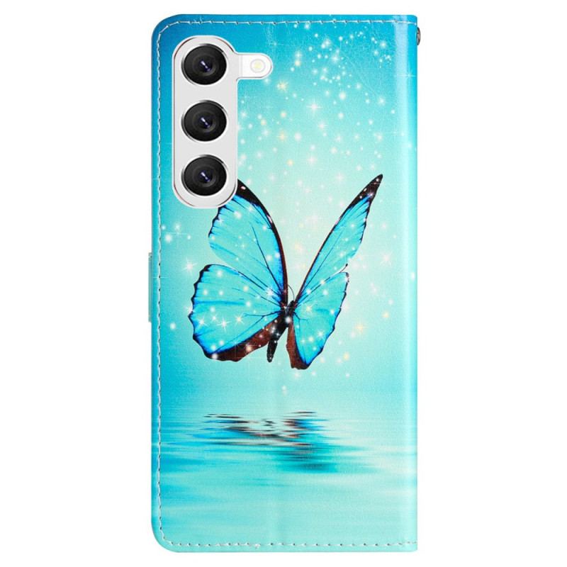 Housse Samsung Galaxy S24 5G Papillons Bleus à Lanière