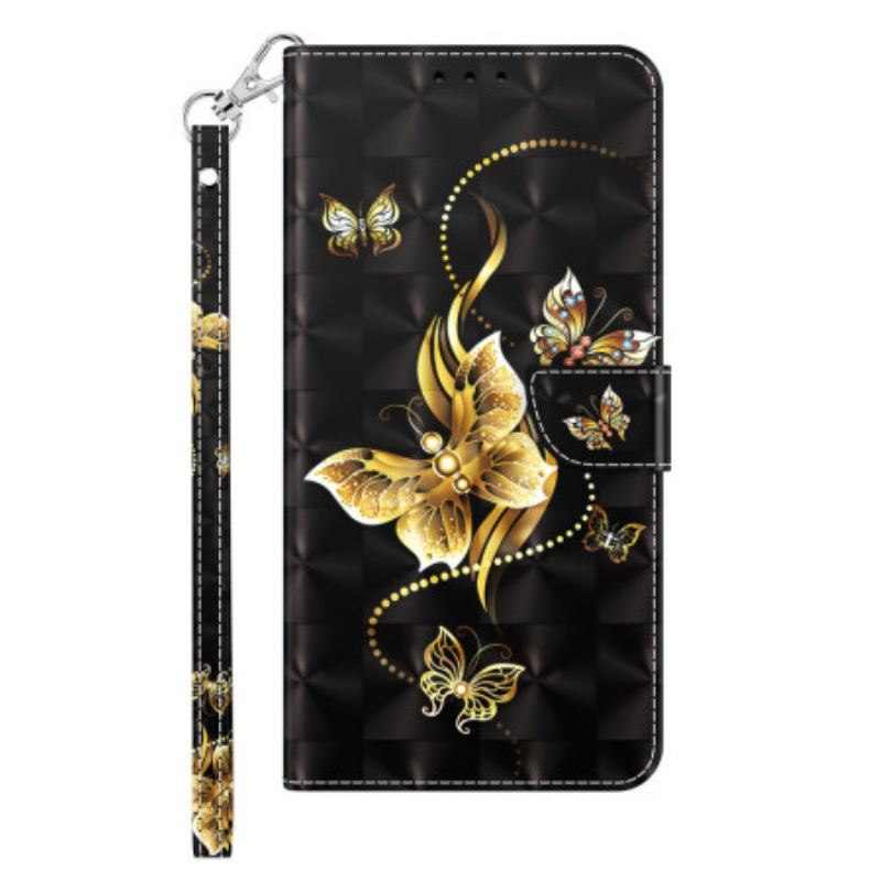 Housse Samsung Galaxy S24 5G Papillons Dorés à Lanière