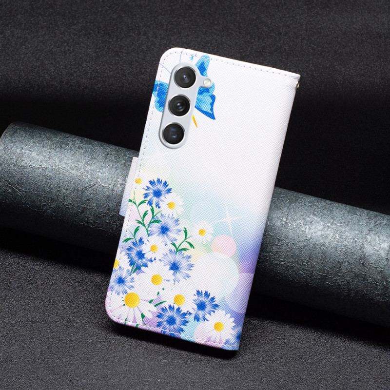 Housse Samsung Galaxy S24 5G Papillons et Fleurs Bleus