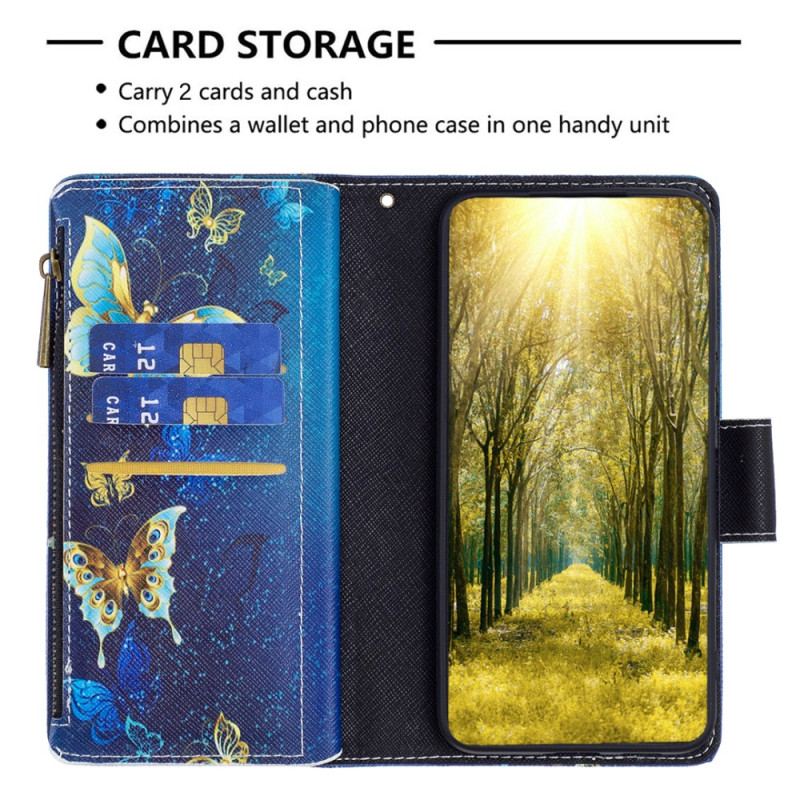 Housse pour Samsung Galaxy S24 5G Portefeuille Papillons Dorés à Lanière