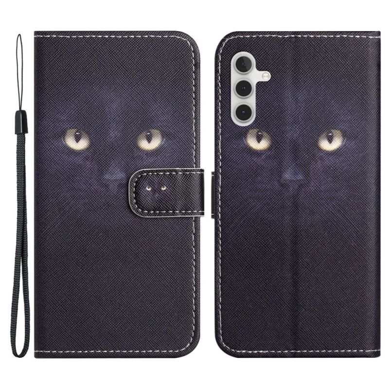 Housse Samsung Galaxy S24 5G Yeux de Chat Noir à Lanière