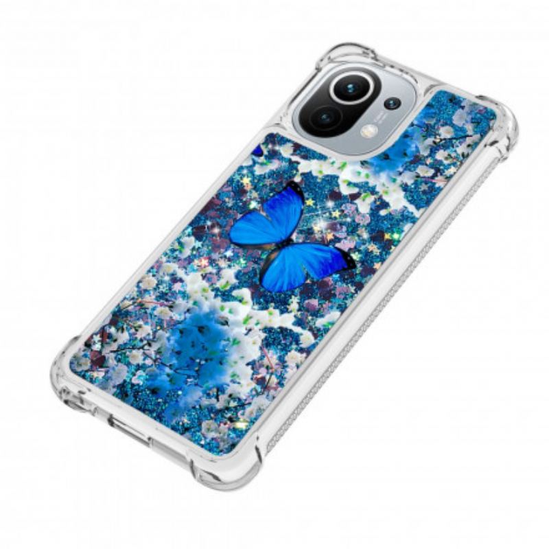 Coque Xiaomi Mi 11 Papillons Bleus Paillettes