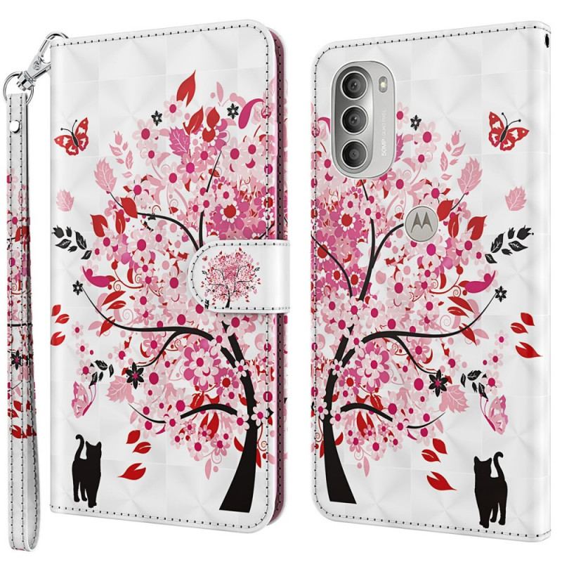 Housse Moto G51 5G Arbre Rose et Chat Noir