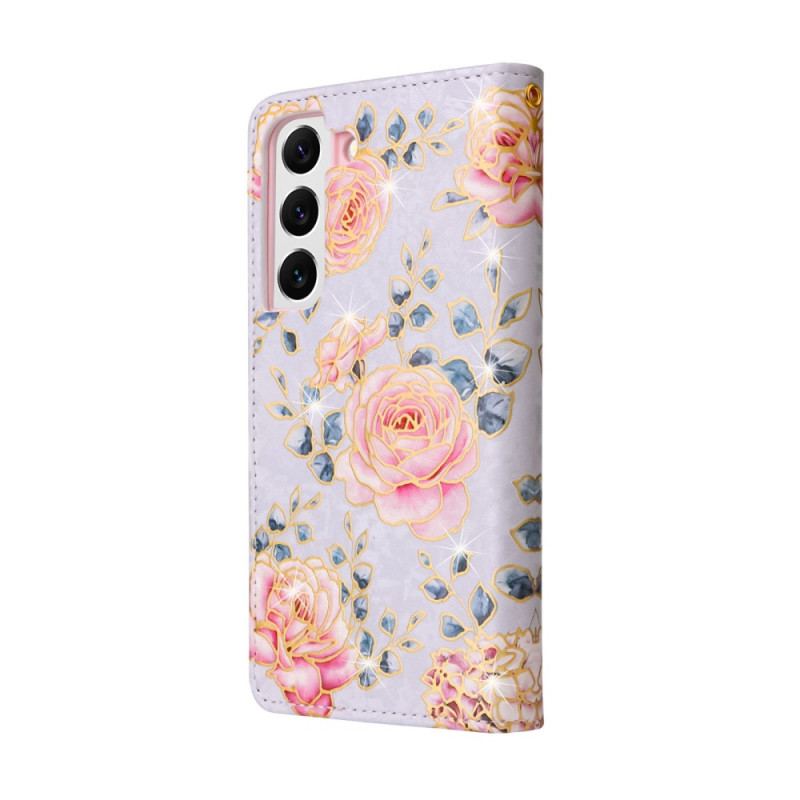 Housse Samsung Galaxy S23 5G Fleurs RFID avec Lanière