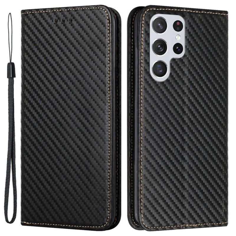 Flip Cover Samsung Galaxy S23 Ultra 5G Style Fibre Carbone à Lanière