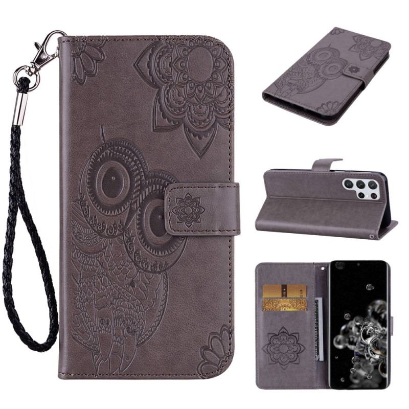 Housse Samsung Galaxy S23 Ultra 5G Hibou Mandala et Lanière