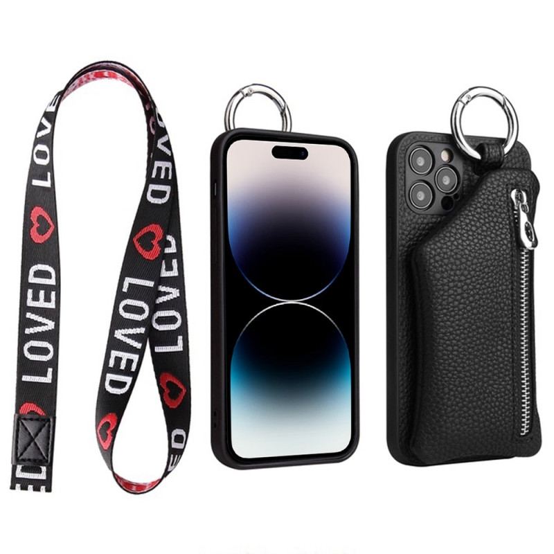 Coque iPhone 14 Pro Max Porte Monnaie et Lanière