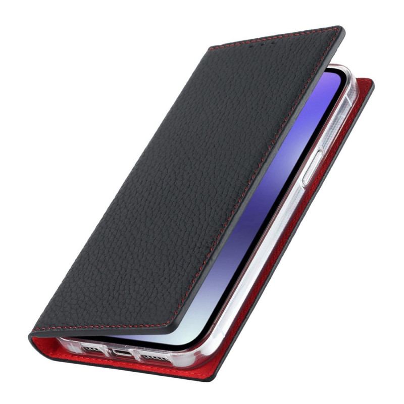 Flip Cover iPhone 14 Pro Max Cuir Litchi Véritable à Lanière