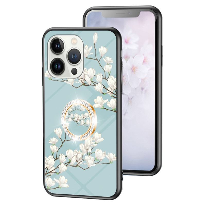 Coque iPhone 15 Pro Verre Trempé Floral avec Anneau-Support