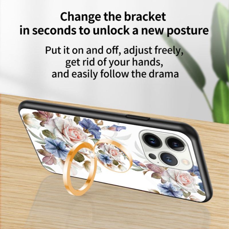 Coque iPhone 15 Pro Verre Trempé Floral avec Anneau-Support