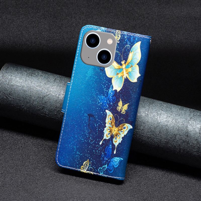 Housse iPhone 15 Plus Papillons sur Fond Bleu