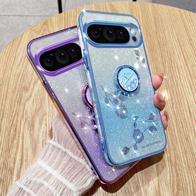 Coque Google Pixel 9 Pro Anneau-Support Fleurs et Strass KADEM