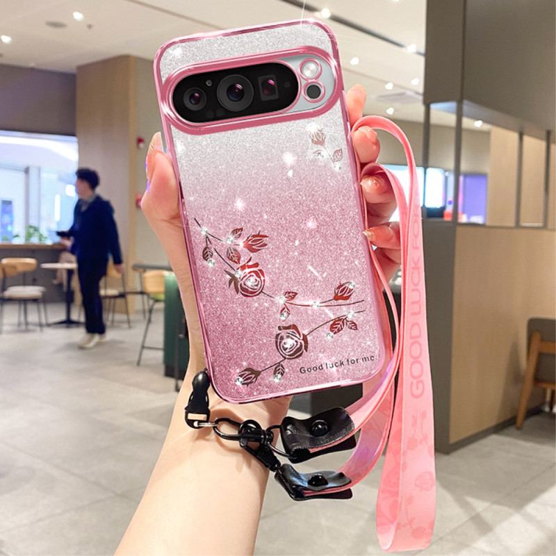 Coque Google Pixel 9 Pro Fleurs et Strass à Lanière KADEM