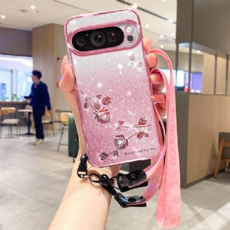 Coque Google Pixel 9 Pro Fleurs et Strass à Lanière KADEM