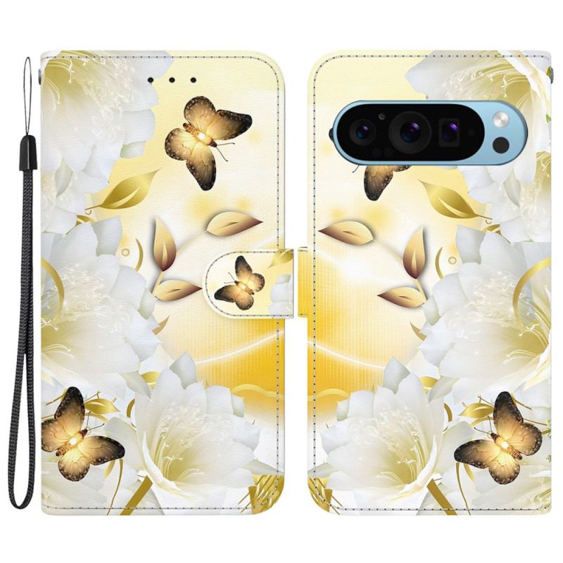 Housse Google Pixel 9 / Pixel 9 Pro Papillons Dorés et Fleurs Blanches à Lanière